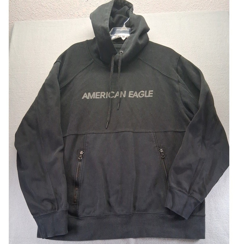 American Eagle Mens Black Graphic Logo Zipper Pocket Pullover Hoodie Sweatshirt